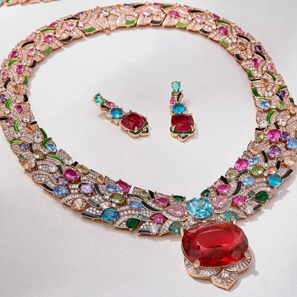

High Craft New Synthetic Colorful Large Red Gemstone Choker Necklaces Earrings Luxury Women Gold Plated Party Jewelry Sets