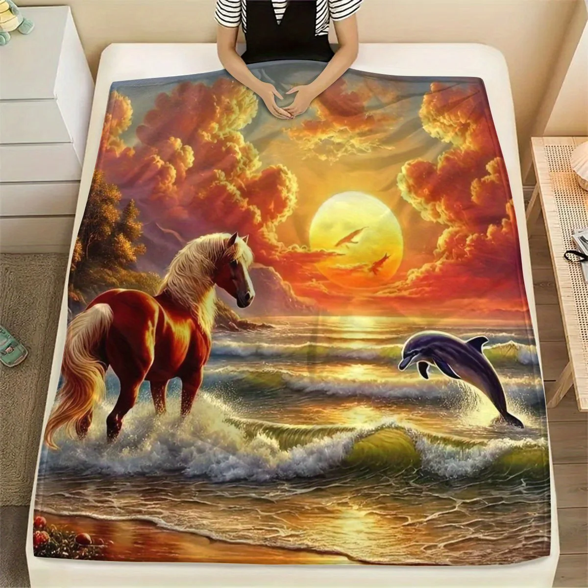 Fantasy Beach Horse Dolphin Flannel Throw Blanket Red Horse Standing Seawater With Jumping Dolphin Gorgeous Golden Sunset Ocean