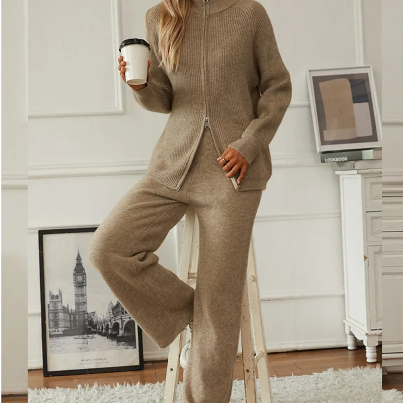 New Women\'s Autumn Winter Thick Fashion Simple Knitted Suit Women\'s Zipper Lapel Sweater Cardigan Wide Leg Pants Two-piece Set