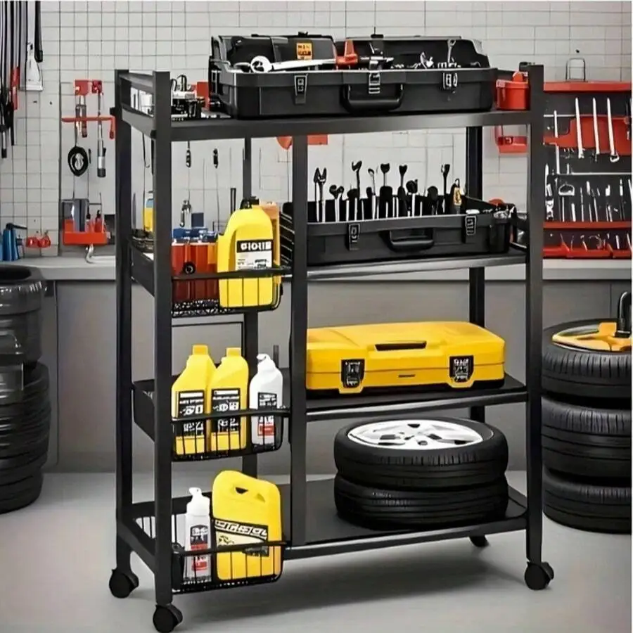 1pc Storage Rack, Integrated Storage Rack, Four-Layer Design, Plus 3 Basket Storage Parts, Garage Tool Storage Rack, With Wheels