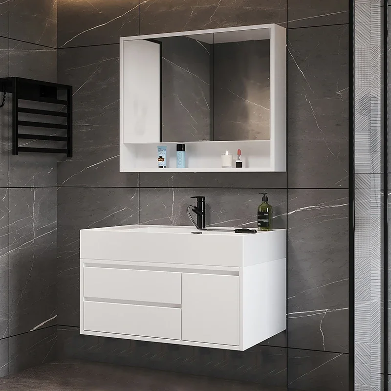 Modern simple white rock nano integrated seamless basin bathroom cabinet solid wood wash  cabinet combination washstand pool