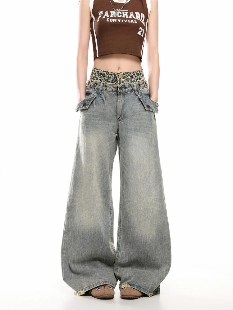

American Retro Leopard Print Splicing Double Waist Head Jeans Women Summer Hot Girl Casual Loose Wide Leg Pants