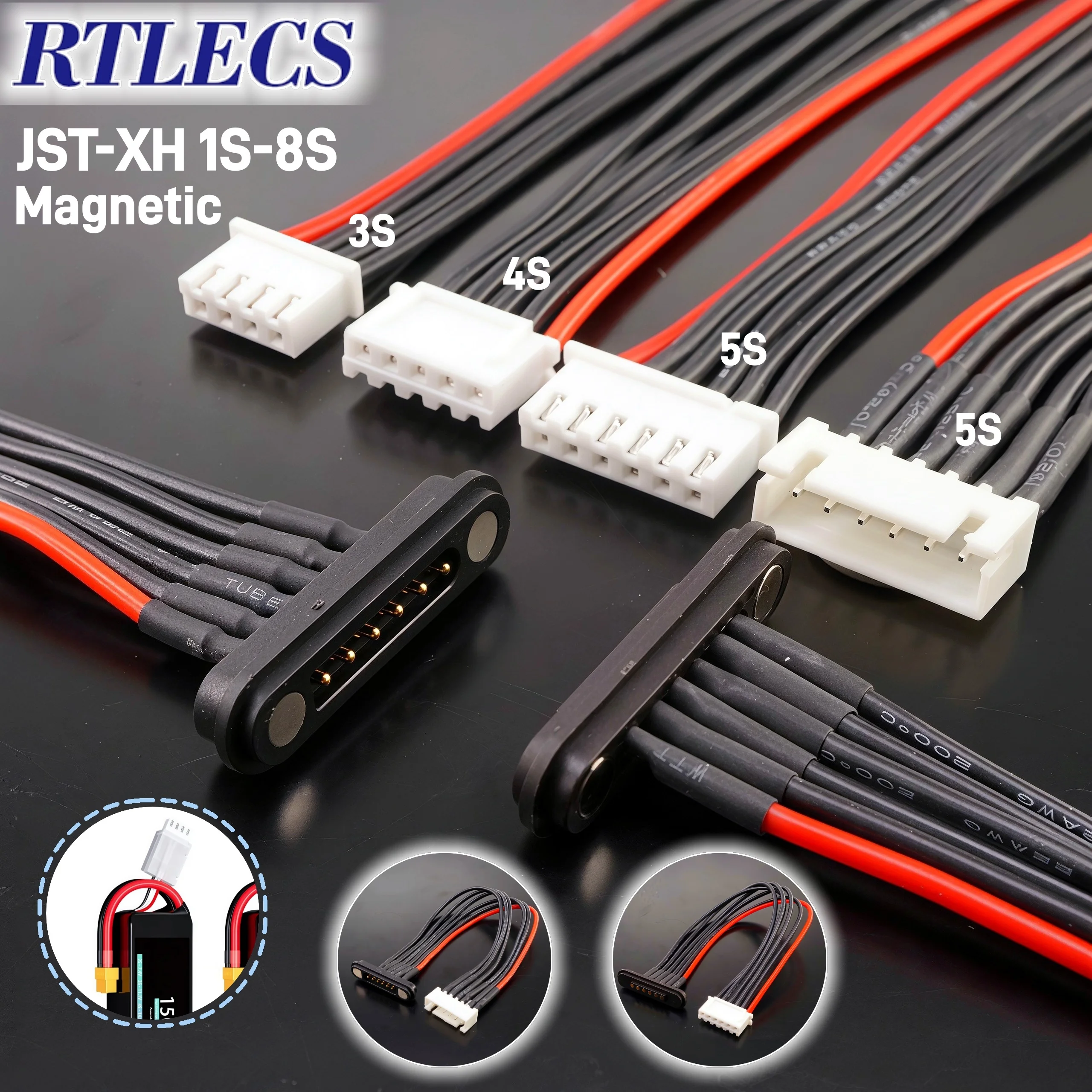 Magnetic JST XH Pogo Pin Connector Balance Extension Cable 2S/3S/4S/5S/6S/7S 22AWG Silicone Wire 3A 2A  For RC Battery Charger