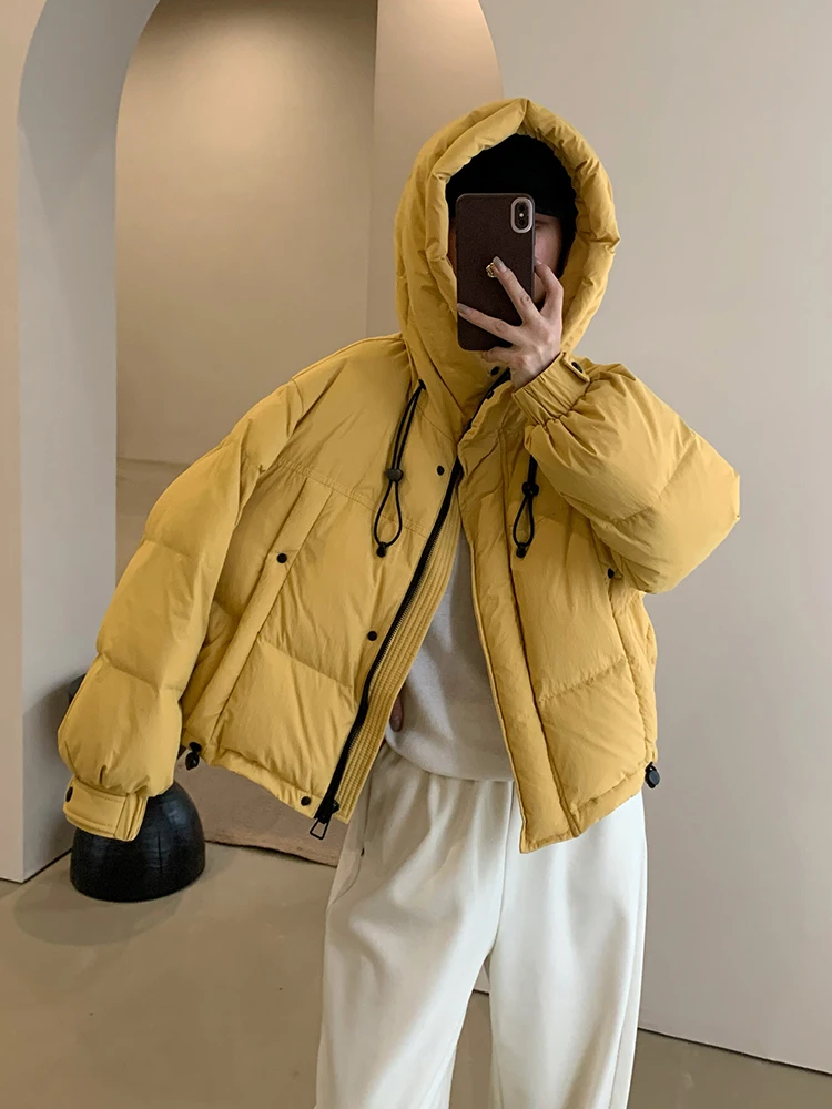 겨울 숏 후드 드로스트링 다운 재킷 여성 화이트 덕다운 루즈핏 파카 다운 재킷 여성 솔리드 지퍼 따뜻한 브레드 아우터