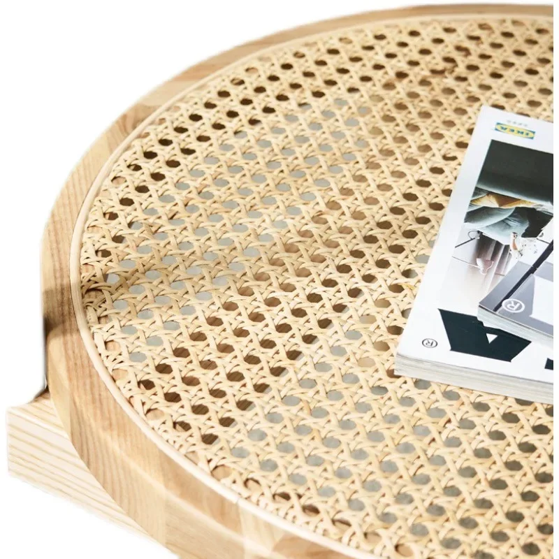 #Modern Minimalist Double-Tiered Round Coffee Table Set – Solid Wood & Rattan Living Room Furniture