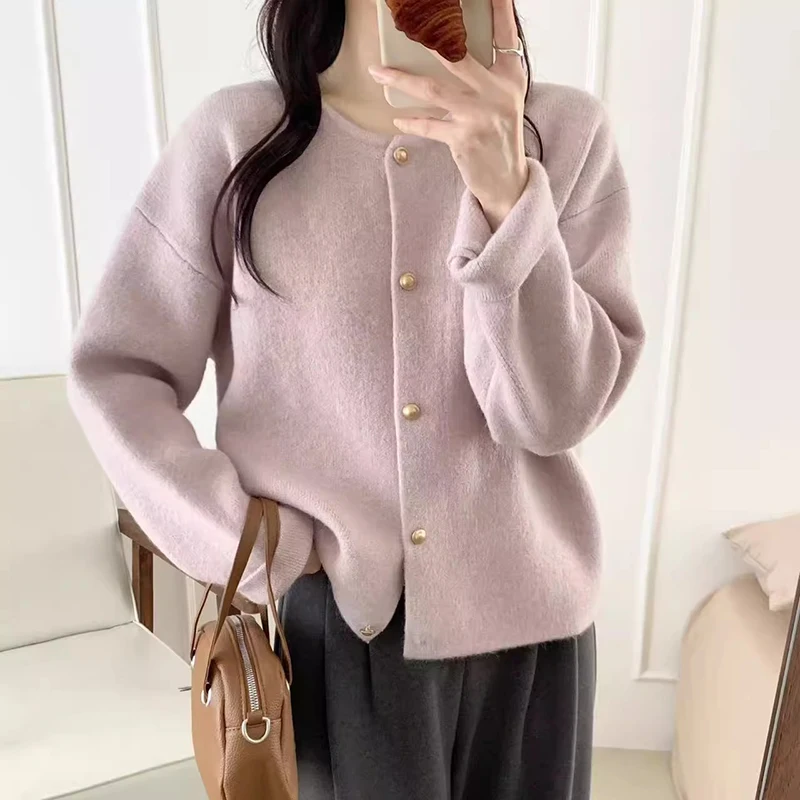 

Women Round Neck Single Breasted Sweater Cardigan Chic French Gentle Solid Color Knitted Tops Vintage Loose Versatile Outerwear