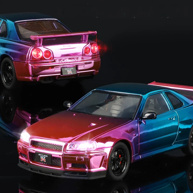 1:24 GTR R34 محاكاة عالية دييكاست سبيكة معدنية نموذج سيارة ضوء الصوت التراجع جمع الاطفال لعبة الهدايا