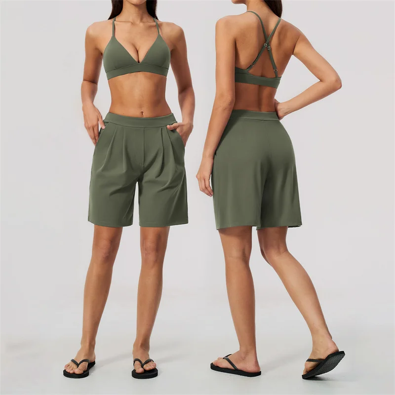 TRY TO BN 2 Piece Yoga Set Women Tracksuit Cross Bra High Waist Shorts Biker Butt Lift Sportswear Breathable Workout Gym Clothes