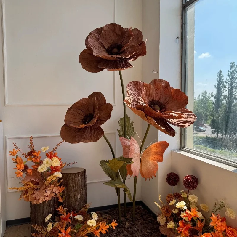 Autumn Large Paper Flowers Giant Coffee Color Simulation Poppy Flower Decorating Butterfly Wedding Props Window Display