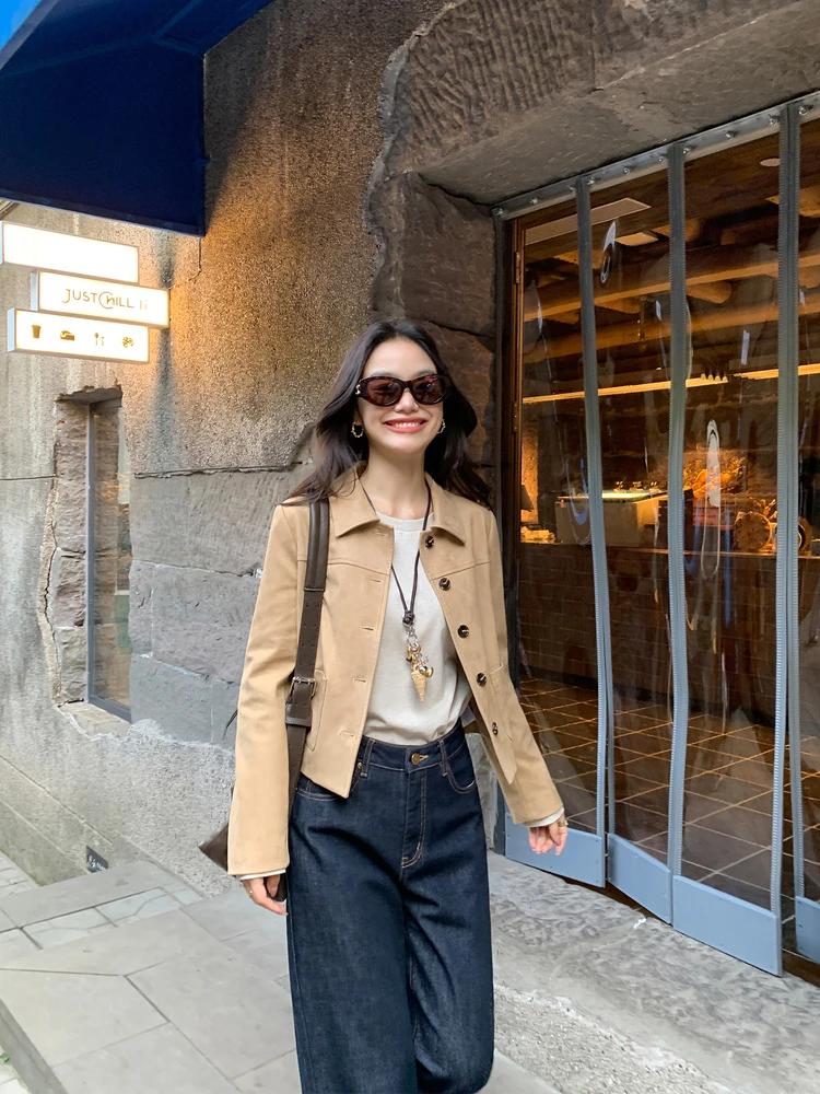 Pusumede i Color Collar Flip ort Suede Jaet Women's Silhouette Jaet Top Vintage Sle Polyester Fiber Inner