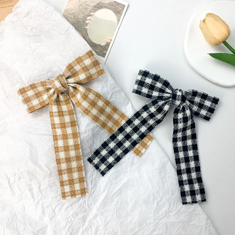 24pc/lot Cotton Tartan Plaid Bow Hair Clips Women Girls Long Tassel Bow Hairpins Kid Long Tails Bow Hairgrips Barrettes Headwear