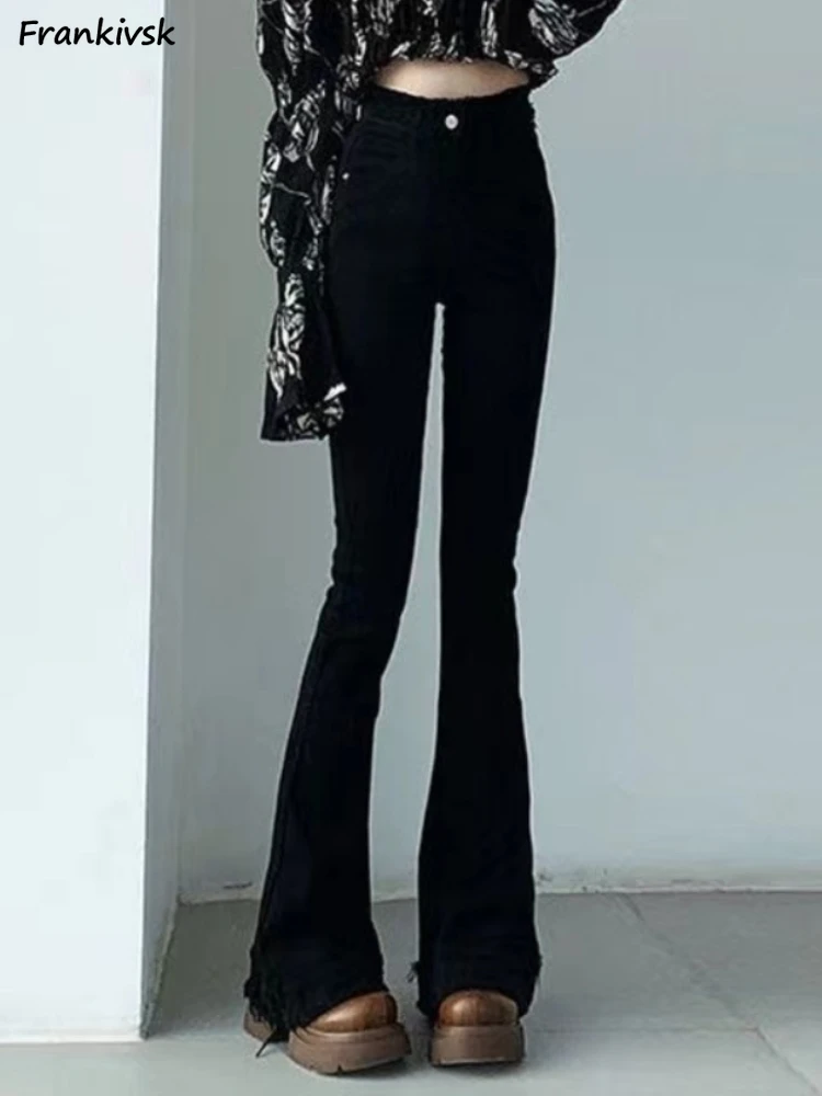 

Flare Jeans Women Denim Slim Hotsweet Stretchy Solid Simple High Waist Harajuku Japanese Style Fashion Leisure Frayed Vintage