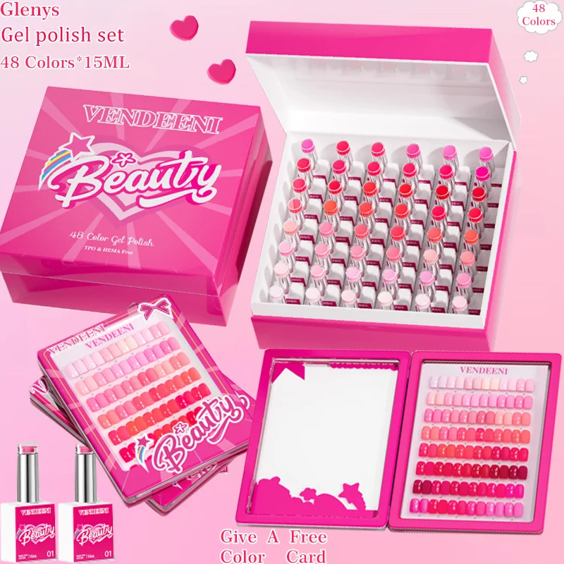 Glenys 48 Pieces * 15ml Nail Polish Glue Full Web Popular Immersion Gel Color Card UV LED Nail Salon Art Varnish Learning Set