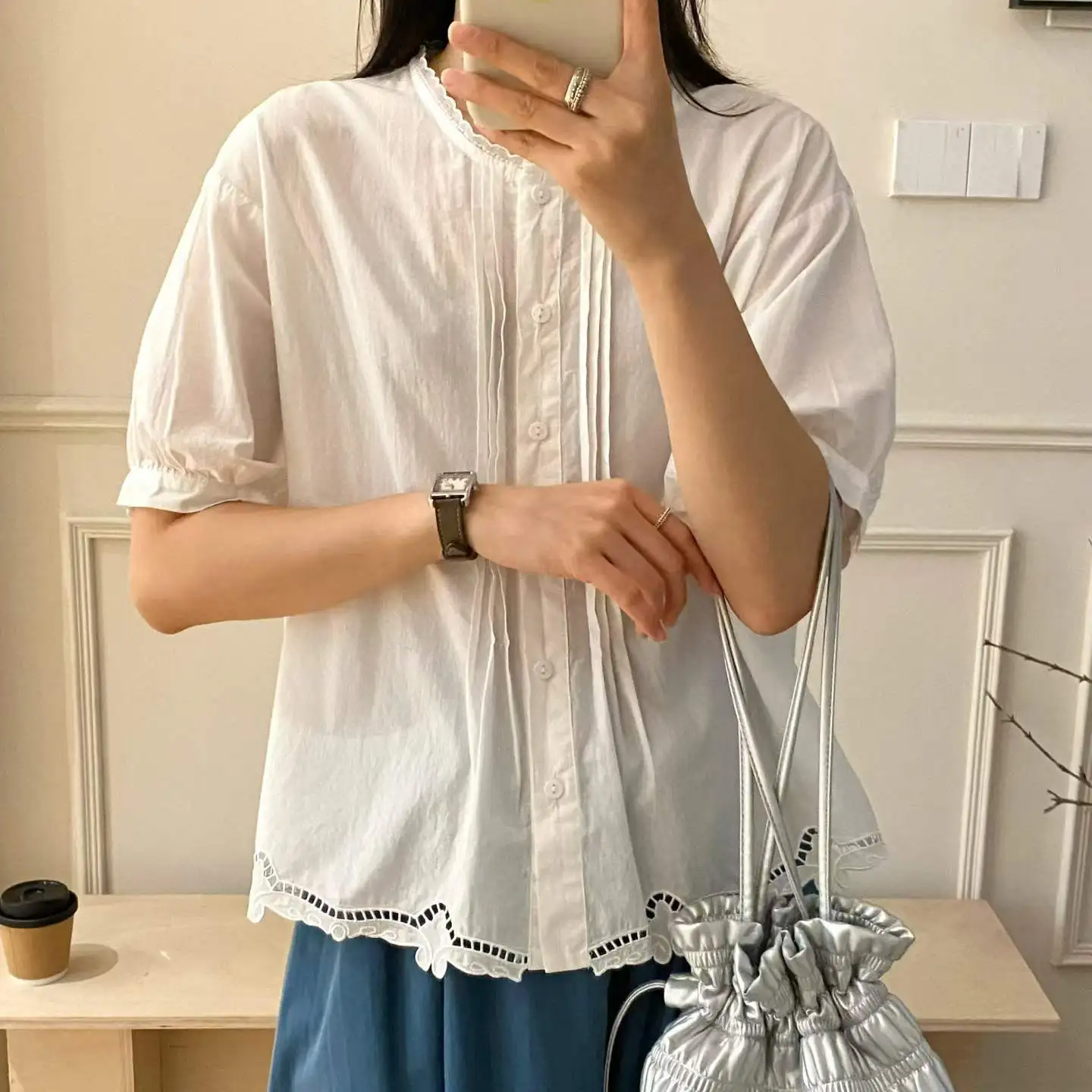 Korean Style Cotton Shirt Women's Loose Short Sleeve round Neck Lace Trim Slimming Versatile Top Breathable Comfortable Summe...