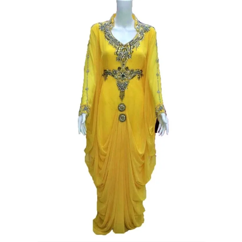 

Yellow Dubai Farasha Abaya Kaftan Islamic Dress Arabian Long Gown Fancy Dress