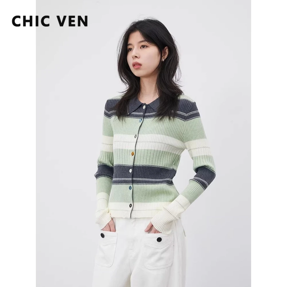 

CHIC VEN Korean Women Cardigan Long Sleeve Lapel New Slim Contrasting Color Striped Female Knitted Sweater Spring Summer 2026