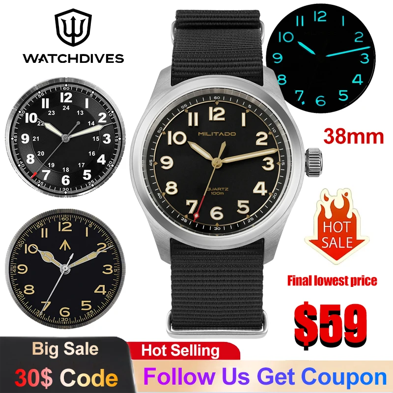 Militado ML08 Quartz Watches VH31 Movement Double Sapphire Crystal C3 BGW9 Luminous 100m Waterproof 38mm Military Vintage Watch
