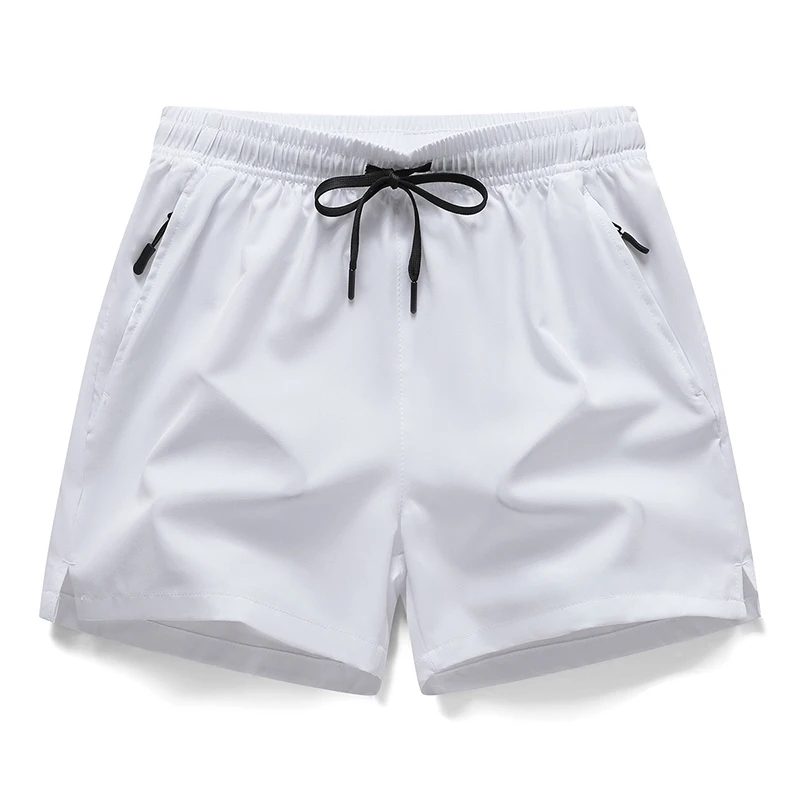 Men Quick Dry Sports Shorts Drawstring Zipper Pocket Split Hem Gym Beach Swim Short Pants