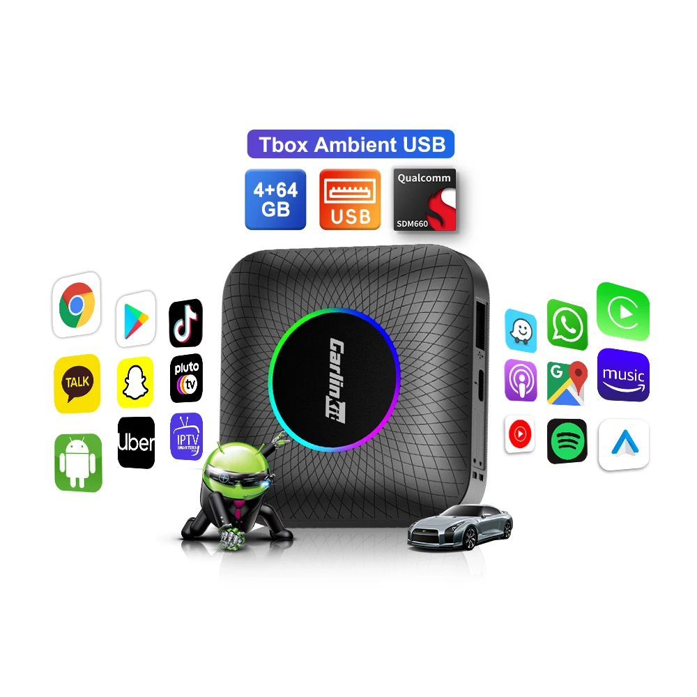 Smart Link Carlink Tbox Ambient 64GB LED Light Ai Box Car Android 13 Multimedia Wireless Carplay Media