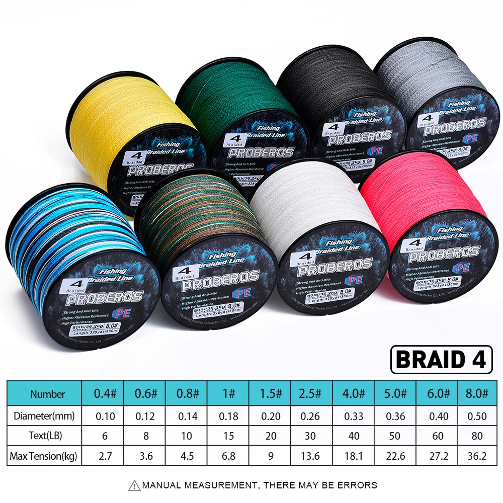 PROBEROS 300M 4 Strands Braided Multifilament Fishing Line Durable Long Casting Bass Carp Freshwater Saltwater Fishing Wholesale