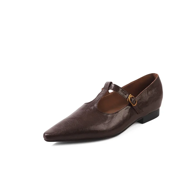 

Woman Flats Buckles Mary Jane Spring Simple Shoes Girls Pointed Toe Retro Footwear T-Strap Genuine Leather Elegant Shoes