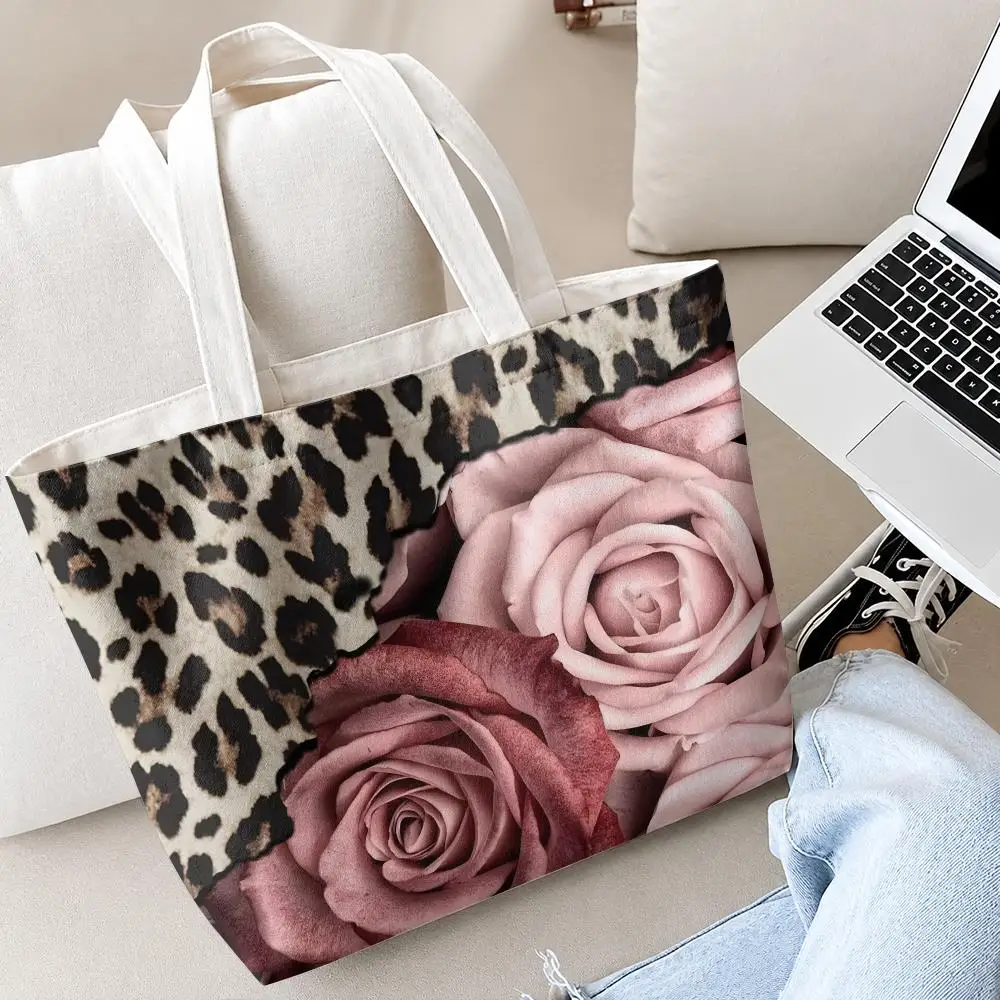 Pink Leopard Storage Bags 2-Piece Set Double-Sided Printed Canvas Tote Bags with Zipper Shopping Shoulder Handbags
