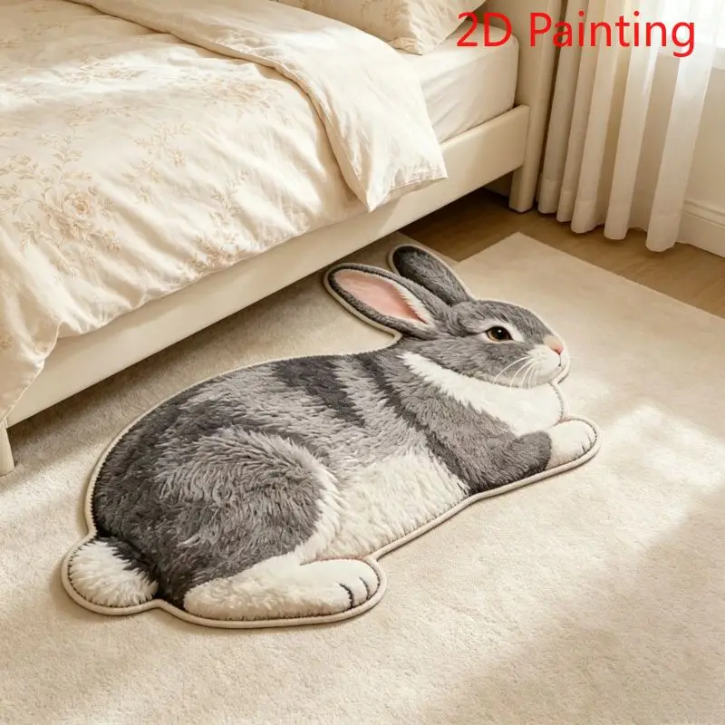 VIKAMA Simulation Reclining Grey Rabbit Shaped Plush Rug - Cute Cartoon Non-Slip Floor Mat for Bedroom, Bathroom, Living Room