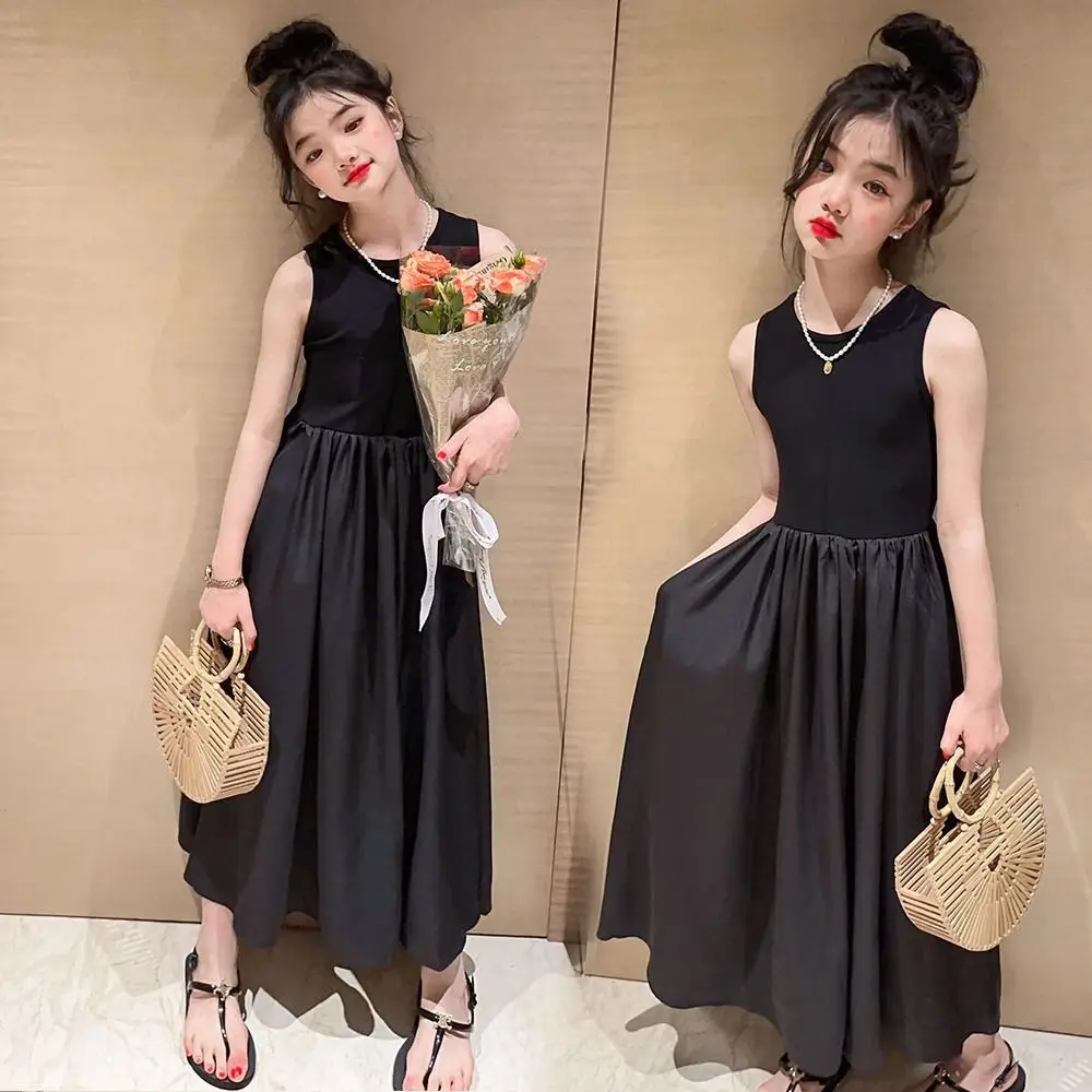 

Fashion Sleeveless Girl Princess Dress Sweet Loose Teens Party Dress Elegant Children Black Dress Birthday