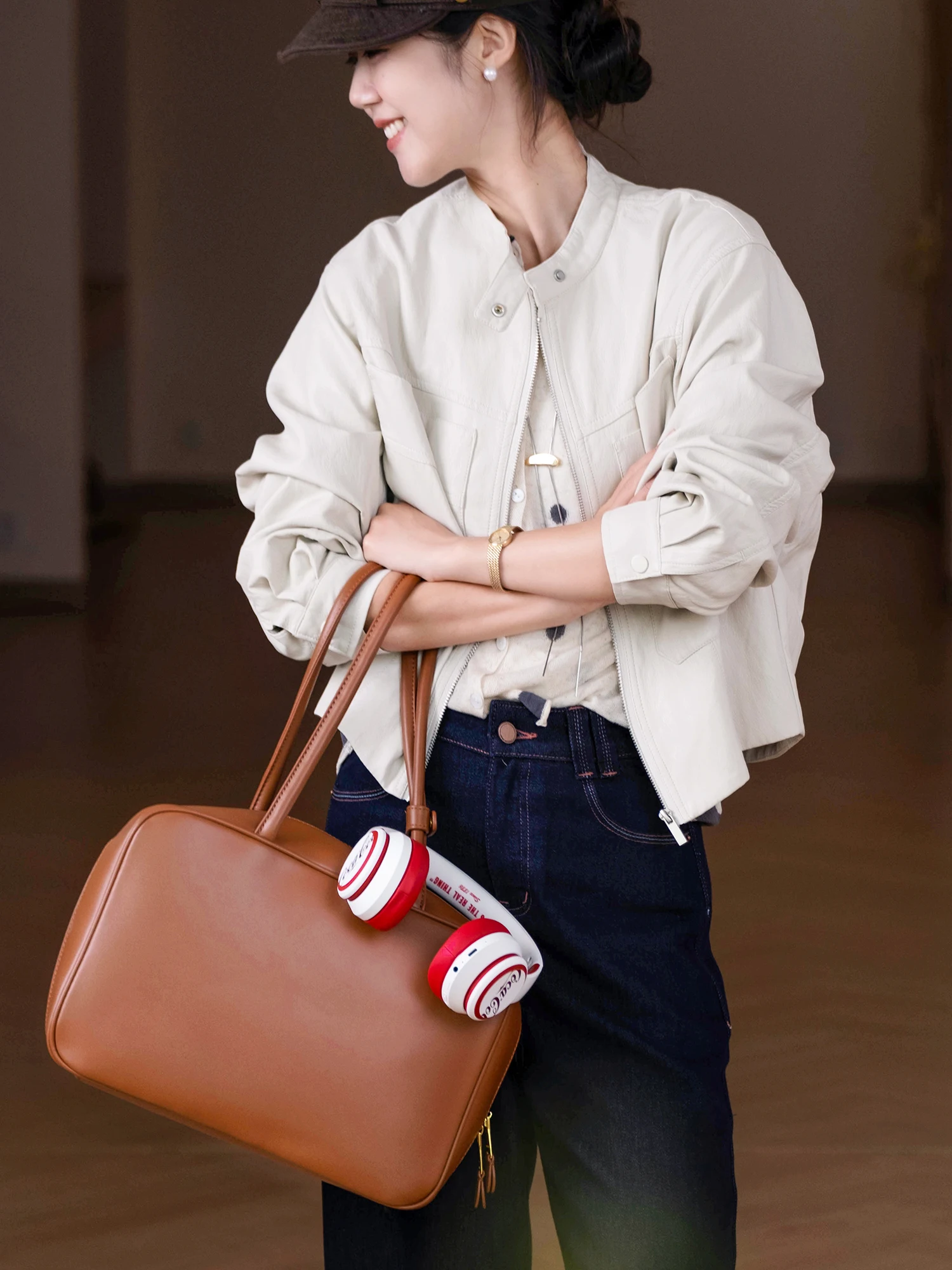 

Motorcycle Girl Texture Leather Tanning Zipper Stand Collar Large ket Biker Jaet Ladies ort Outerwear Coat