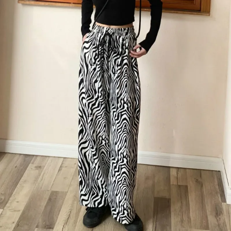 Pants Women Lace-up Adjustable Zebra Pattern Striped Fashionable Loose Leisure Stylish Straight Trousers Womens Comfortable Chic