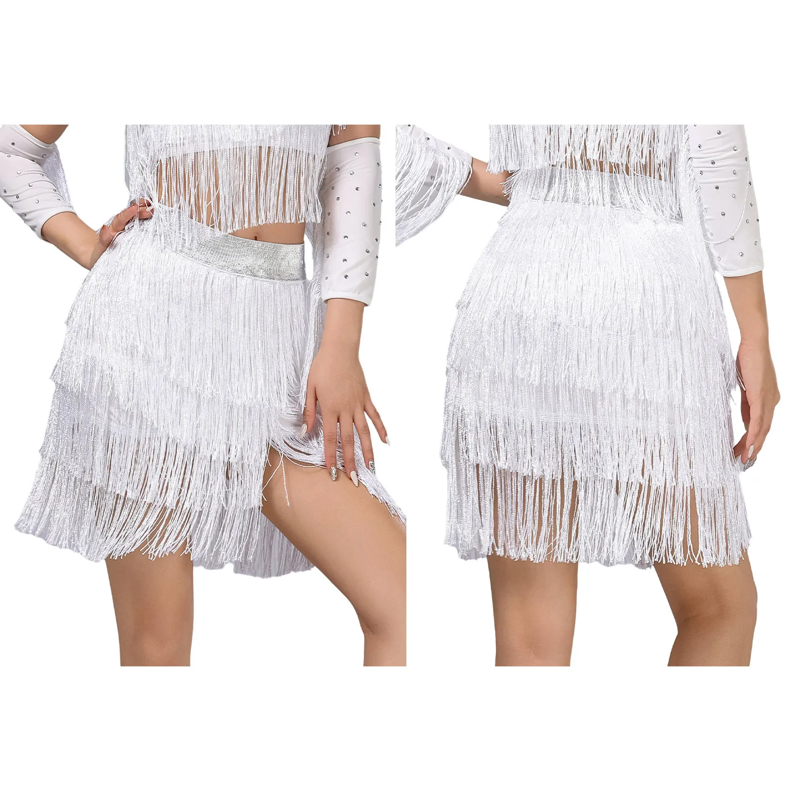 女性ラテンチャチャルンバサンバダンスパフォーマンススカート光沢のあるティアードフリンジスイングタッセルスカートタンゴラテンダンス衣装