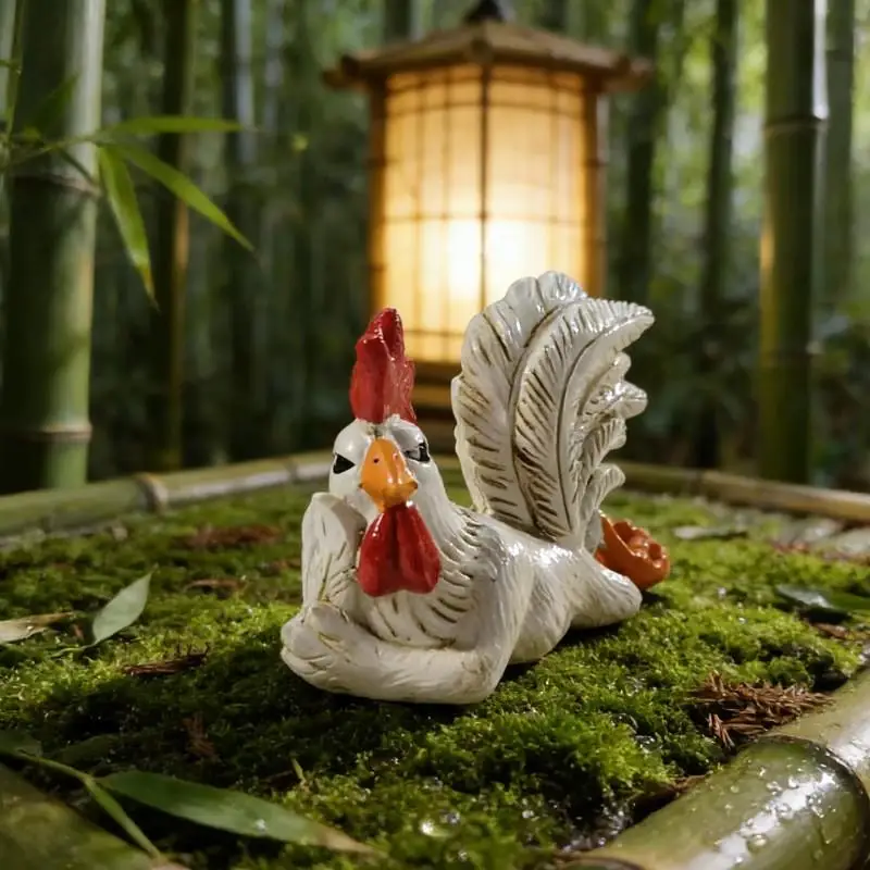 A white rooster statue, charming pose, long eyelashes, tabletop art sculpture, comical small resin sculpture.