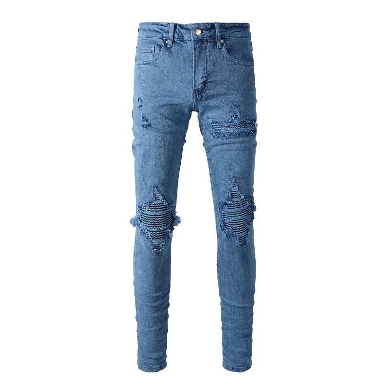 

New Men's High Street Distressed Destroyed Ribs Patchwork Holes Stretch Slim Pleated Patches Washed Ripped blue Denim Jeans Pant