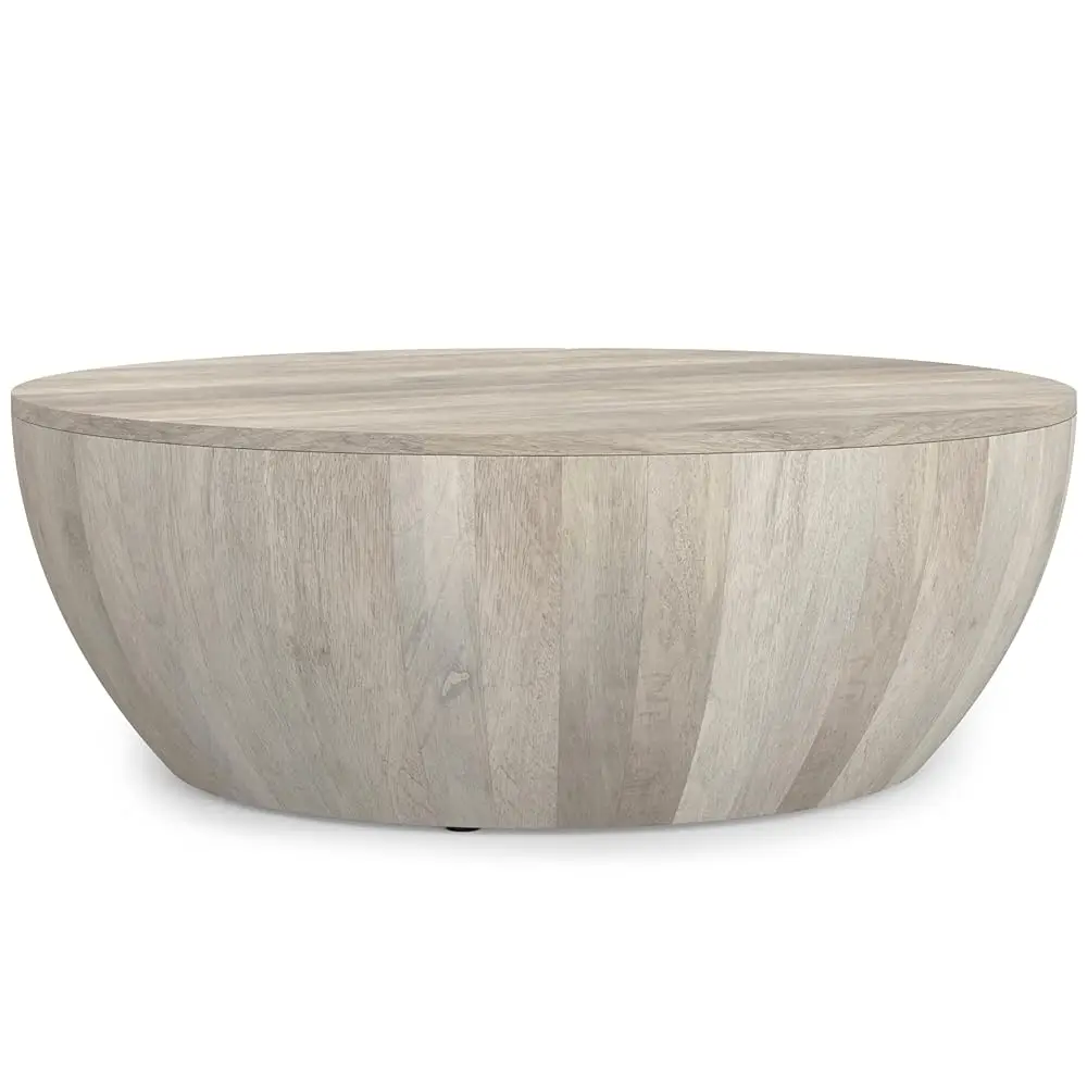

Elmbrook 34-Inch Wide Solid Mango Drum Coffee Table In White Wash, Modern Industrial-Style Cocktail Table For Living Room Or