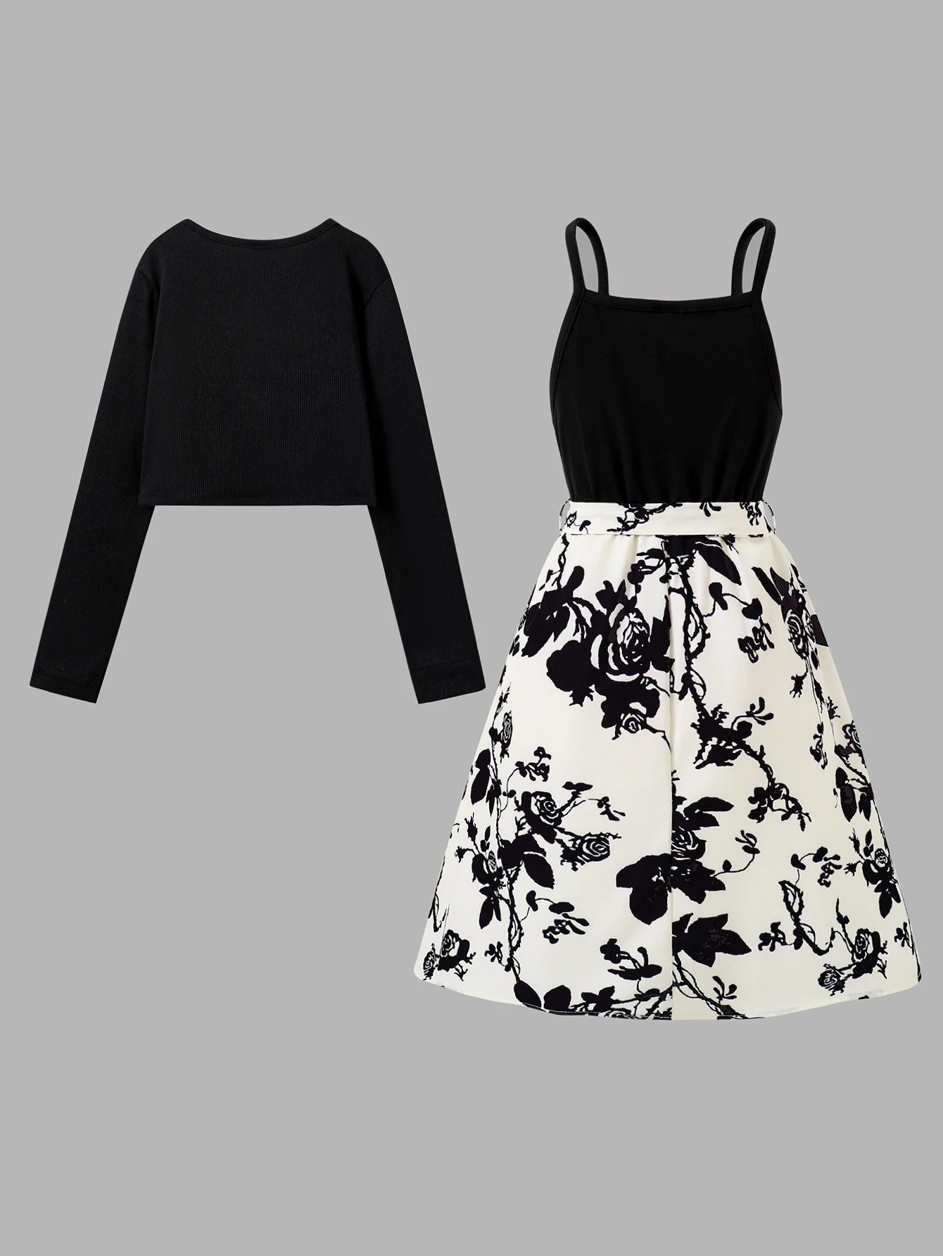 Spring Autumn Girls Elegant Casual Dress Set Black Shawl Short Coat + Ink Painting Rose Print High Waist Pleated Dress