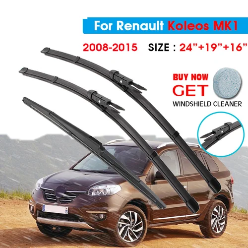 Juego de limpiaparabrisas delantero y trasero para Renault Koleos MK1 2008 2009 2010 2011 2012 2013 2014 2015 ventana trasera delantera de 24 ""+ 19"" + 16""