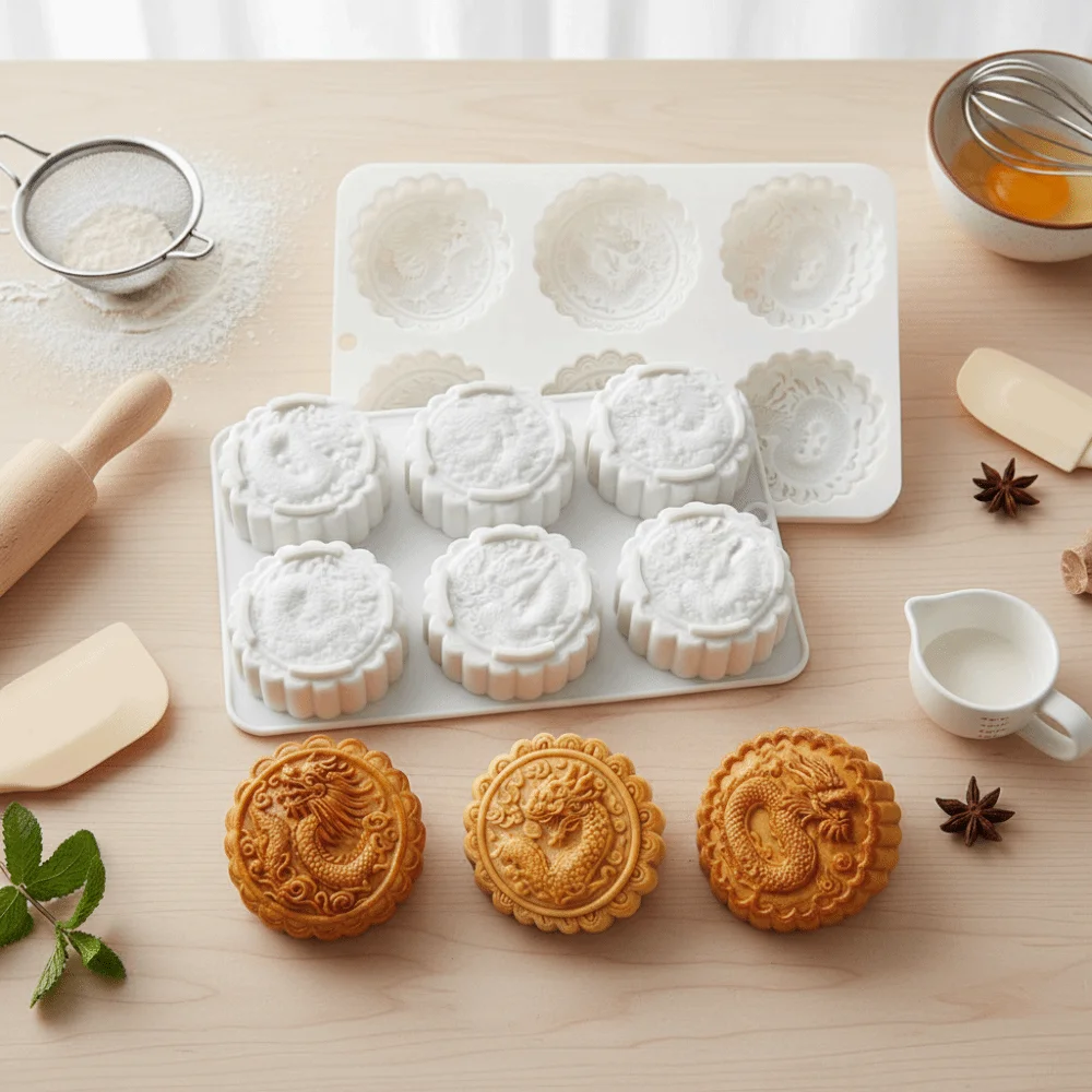 Silicone Mid Autumn Festival Phoenix Mooncake Mold 6 Cavities Easy To Demold Auspicious Clouds Mooncake Mold Heat-resistant