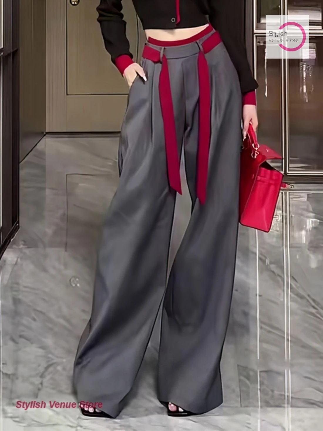 

French style fashion loose suit pants women's summer and autumn contrast design feels slim and versatile straight wide-leg pants