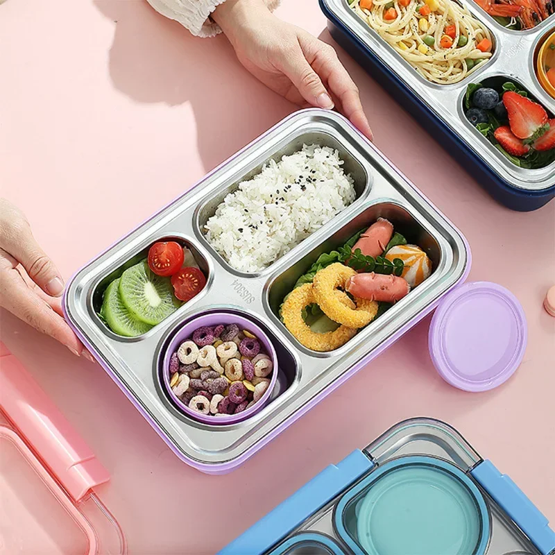 Bento-Lunchbox mit 4 geteilten Edelstahlfächern für Kinder, isolierte Lunchbox für Schule, Büro, Küche, Lebensmittelaufbewahrungsbehälter