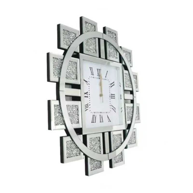 

Modern wall-mounted home, living room simple silver mirror, diamond silent Roman digital clock, wall clock