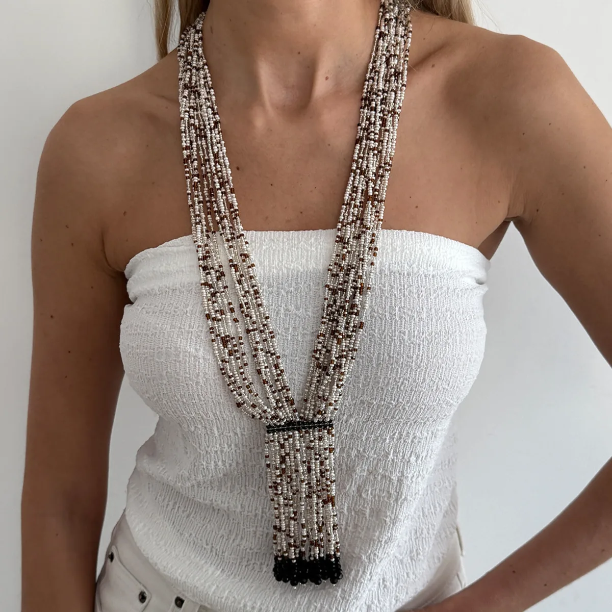 KunJoe Elegante Mehrlagige Kleine Perlen Lange Halskette für Damen Luxuriöse Kristall-Quasten-Pulloverkette Urlaubs-Halsschmuck