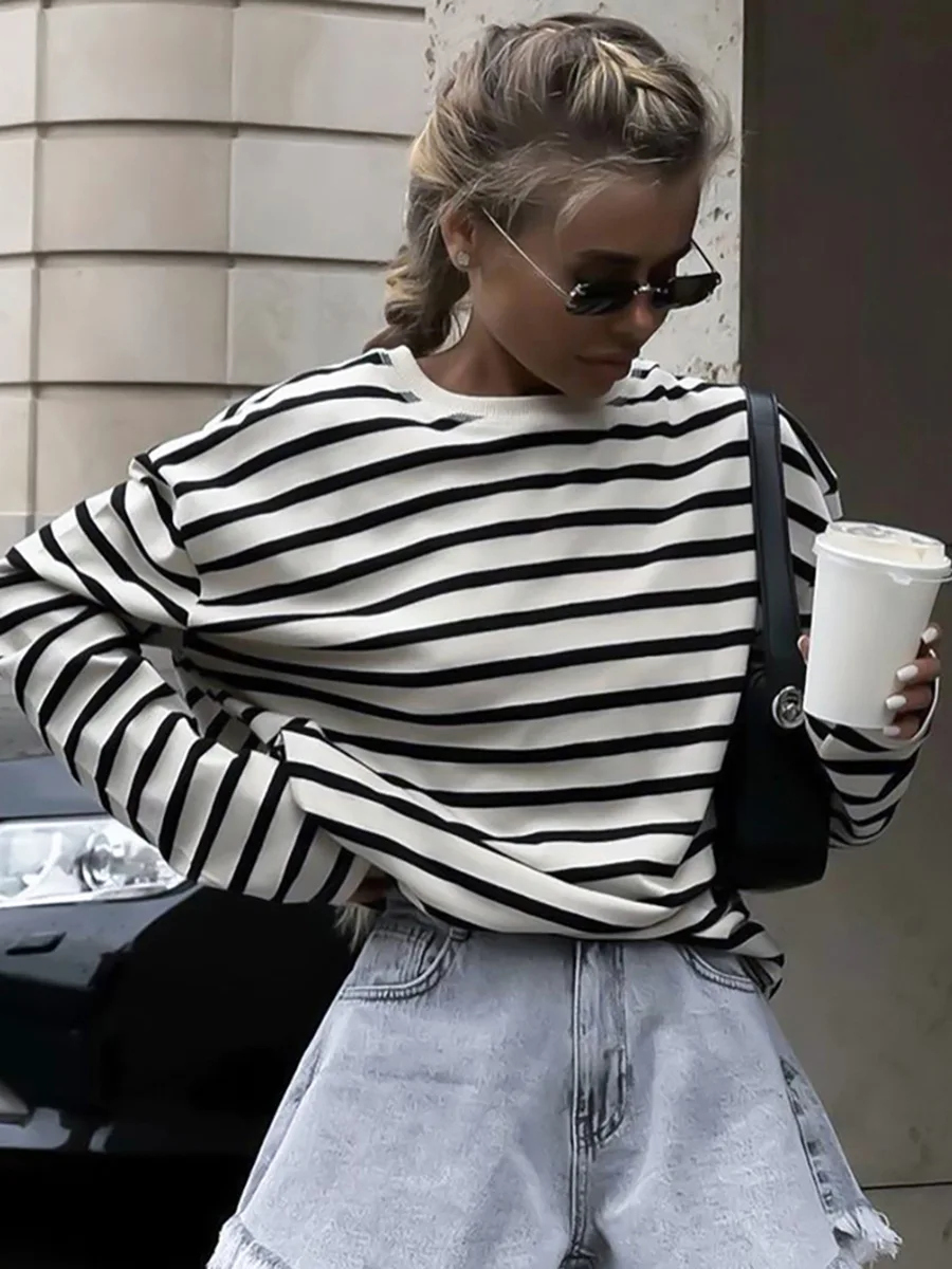 

Women's Loose Long-Sleeved Stripe T-Shirt, Casual Tops, Drop Sleeve, Spring, Summer, 2024