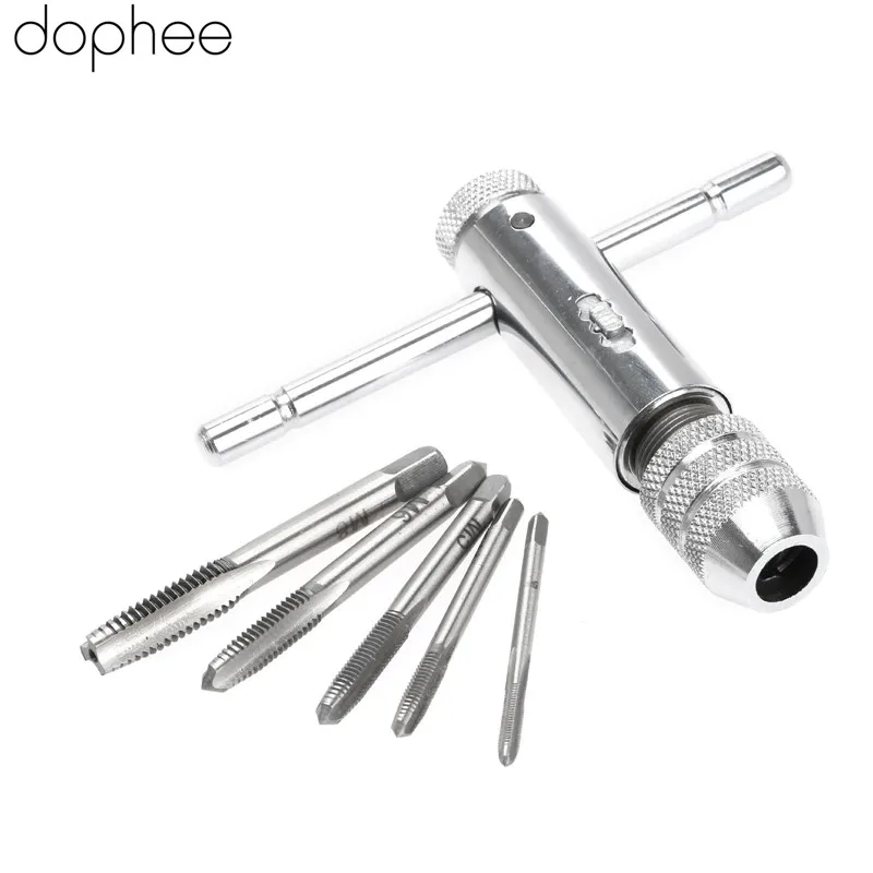 6pcs/1set T-Handle Ratchet Tap Wrench Machinist Tool + 5pcs Screw Tap Hand Tap Drill Tapping Tool Kit Hand Tools M3/M4/M5/M6/M8