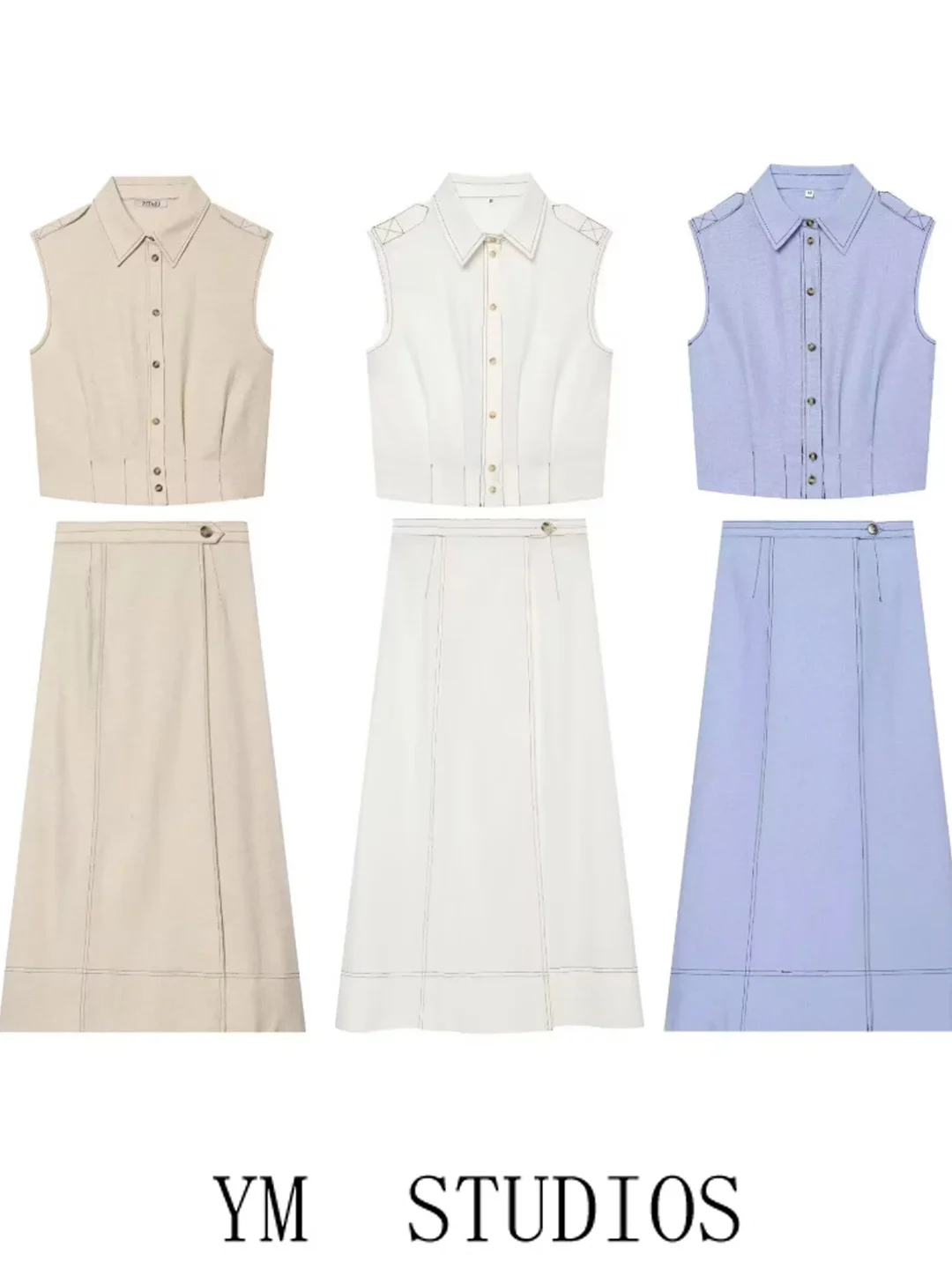 Women's Gentle Sleeveless Collared Waist-Cinching Short Shirt Top with Double-Breasted Midi Half-Length Skirt Set