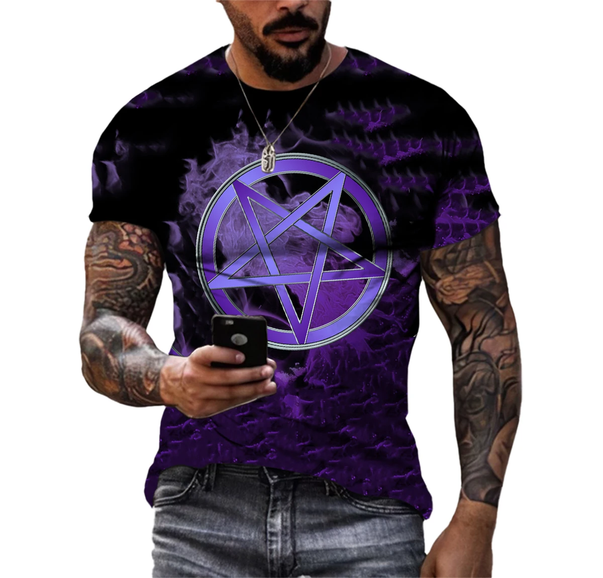 Summer Fashion Creative Pentagram Pattern 3D Printing Men\'s T-shirt Handsome Short-sleeved Fitness Sports Quick-drying Clothes