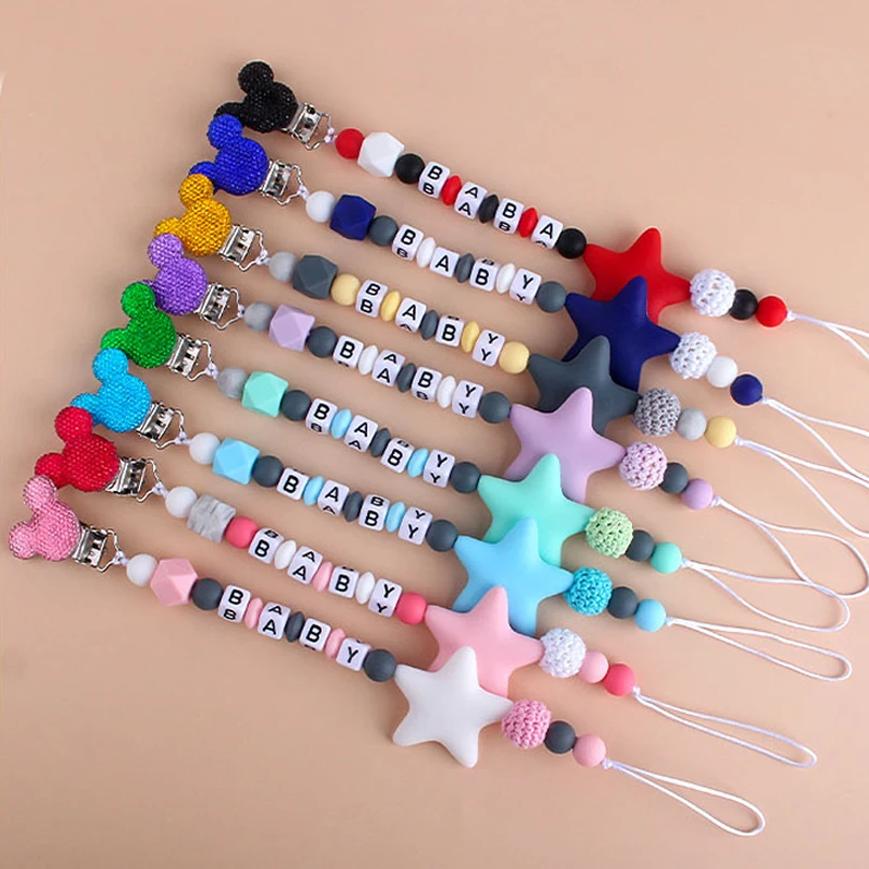 Customized English Russian Alphabet Letters Name Baby Pacifier Clips Chains Teether Pendants for Baby Infant Chew Leash Nipple