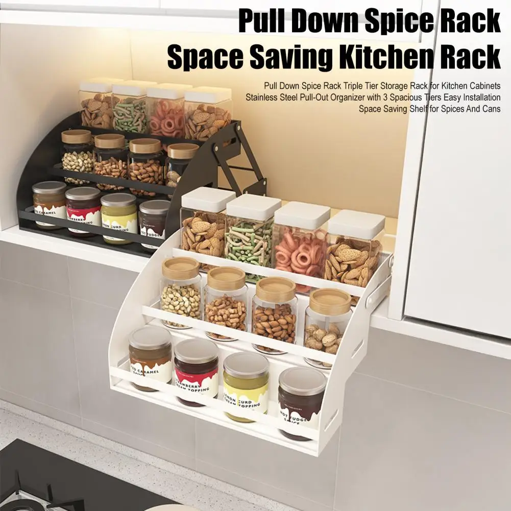 Triple Tier Spice Organizer 3-tier Pull Down Spice Rack Organizer under Cabinet Storage Shelf Space Saving Pull Out Kitchen