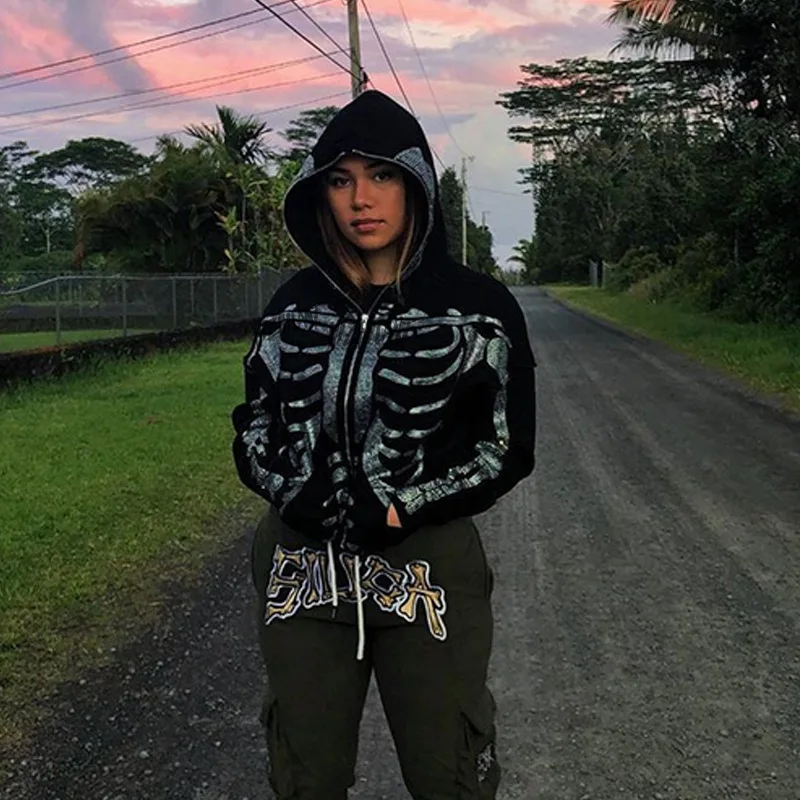 Rhinestone Spider Web Skeleton Embellishment Hoodies Men/women Top Y2K Jackets Grunge American Fashion Zip Up Hoodie Sweatshirts