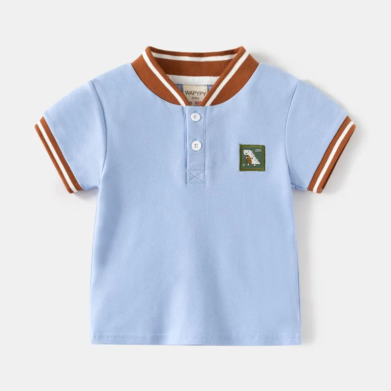 2024 Summer Boys' Short Sleeve T-shirt Kids Cartoon Striped Polo Shirt Stylish Breathable Cotton Available for Ages 3-8, 4 Color