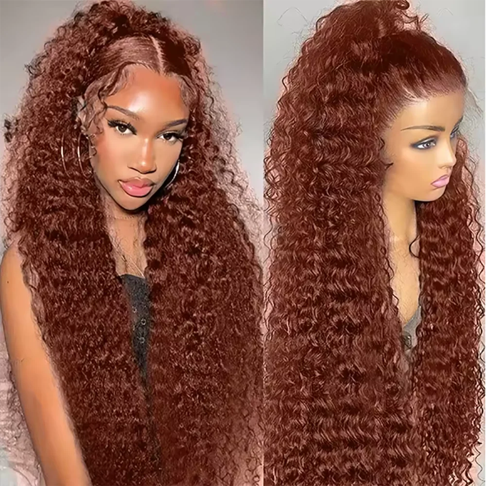 

Redish Brown Deep Wave 13X4 HD Lace Frontal Wigs Human Hair Pre Plucked Baby Hair Red Colored Wigs For Women 200 Density